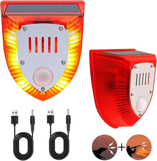 Solar Outdoor Motion Sensor Alarm - Dog Barking&Gunshot Sound 129db, Light Strobe Light Warning Lamp with USB, Motion Detector Noise Maker Warning Lamp for Home, Villa, Farm, Barn, Yard (2 Pack)