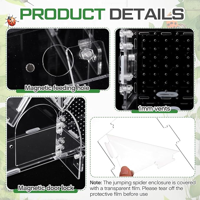 Weysat Jumping Spider Enclosure 11.2" x 4.7" x 8" Acrylic Tarantula Enclosure Castle Style Insect Terrarium with Magnetic Door Transparent Terrarium for Reptiles, Amphibians and Spiders