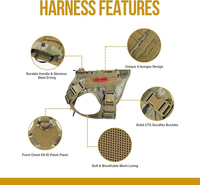 OneTigris Tactical Dog Harness with Handle No-Pull Adjustable for Large Dog | Military 1000D Pullable Nylon, Service Dog Vest with Hook & Loop Panels, Easy On & Off for Walking Hiking Training Camo L