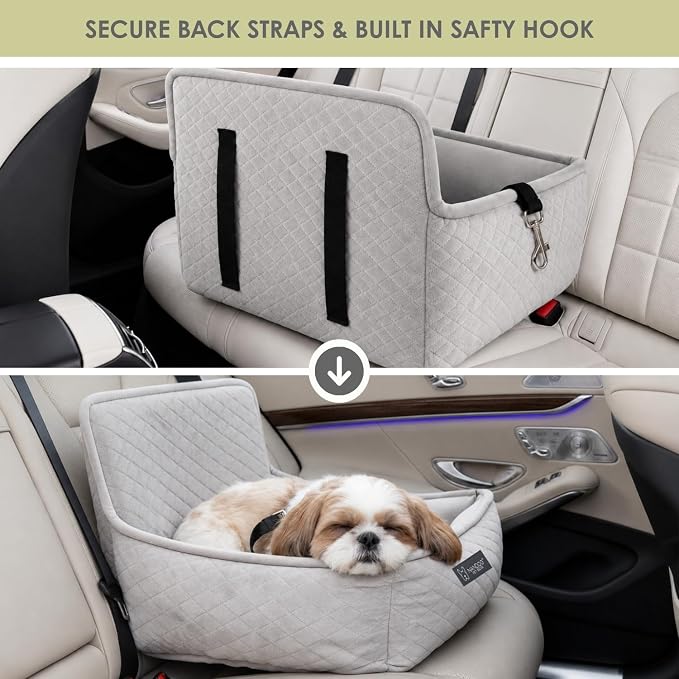 NANDOG Luxury Dog Car Seat Bed for Medium Dogs, Micro Plush Pet Seat with Removable & Washable Cushion Insert, Thick Safety Seatbelt Straps, Secure Travel Carrier, Light Grey, 22" L x 18" W