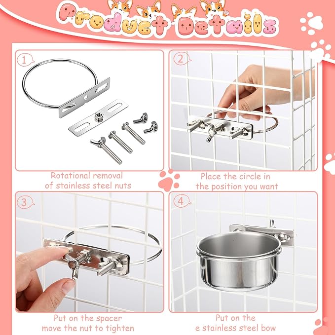 Silkfly 14 Pack Stainless Steel Hanging Dog Crate Bowls, Non-Spill Kennel Food & Water Bowls with Screw Clamp Holders, Removable, Easy to Clean Metal Cage Feeder for Pets(12 oz)