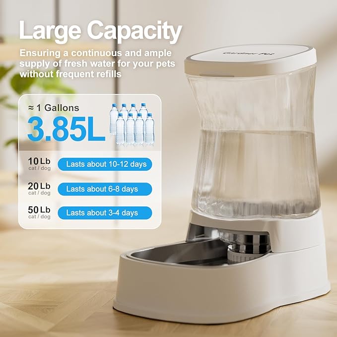 Distributeur d'eau automatique par gravité pour chiens, distributeur d'eau en acier inoxydable de 3,8 litres, distributeur d'eau 100 % sans BPA pour chiens de petite et moyenne taille, chats, chiots (blanc)
