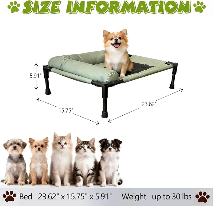 Raised Dog Beds for Small Dogs, Cooling Indoor Outdoor Elevated Bolster Dog Cot Hammock with Metal Frame Breathable Mesh, Portable Dog Sofa Camping Dog Bed (Green, 23.62 * 15.75 * 5.91)