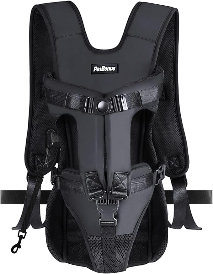 PetBonus Dog Front Carrier Backpacks, Legs Out Easy-fit Puppy Chest Carrier | Hands Free, Adjustable, Safety Strap, Walking Hiking Cycling Motorcycle bag, For Small Medium Dogs (Black, S)