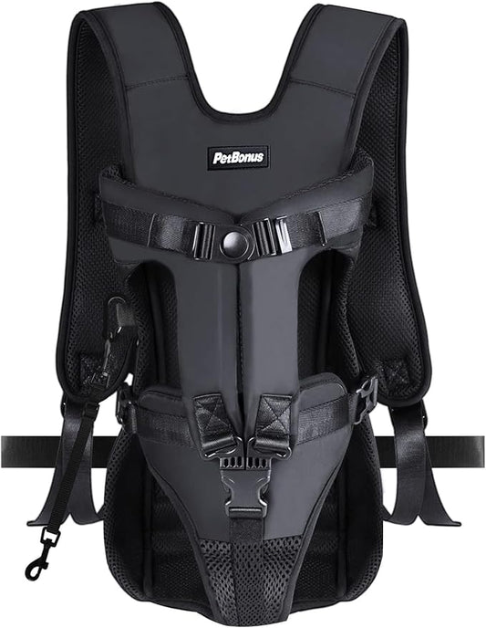 PetBonus Dog Front Carrier Backpacks, Legs Out Easy-fit Puppy Chest Carrier | Hands Free, Adjustable, Safety Strap, Walking Hiking Cycling Motorcycle bag, For Small Medium Dogs (Black, S)