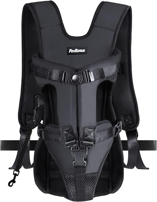 PetBonus Dog Front Carrier Backpacks, Legs Out Easy-fit Puppy Chest Carrier | Hands Free, Adjustable, Safety Strap, Walking Hiking Cycling Motorcycle bag, For Small Medium Dogs (Black, L)