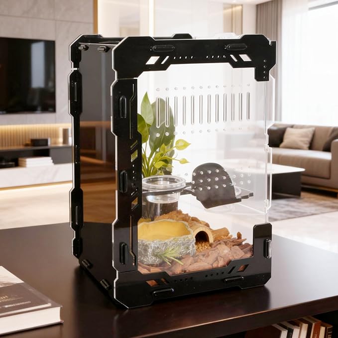 Jumping Spider Enclosure - 3mm Black Transparent Acrylic Terrarium for Tarantulas, Mantises & Frogs, 11.8x5.9x5.9 Inch Mechanical Frame Habitat with Magnetic Feeding Hole & Rotating Lock