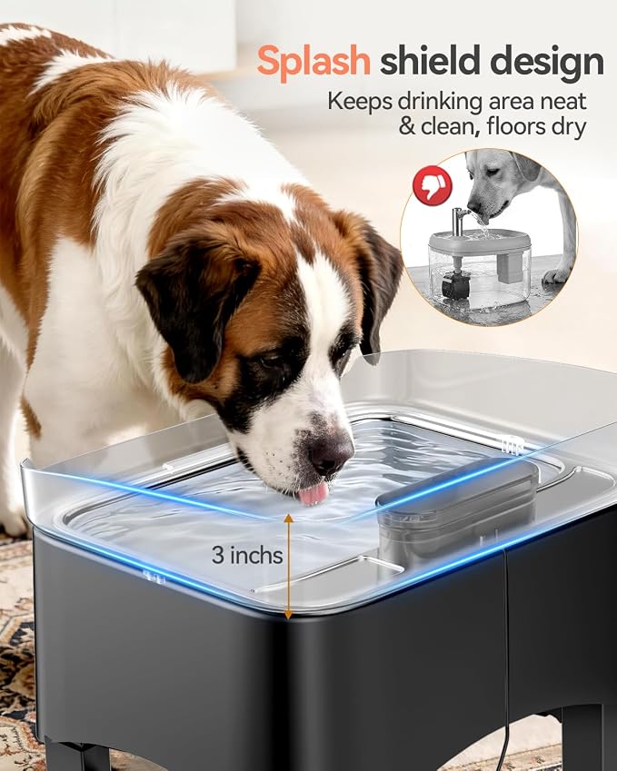 UPSKY 11L Elevated No-Spill Dog Water Fountain with 4 Adjustable Heights | Large Dog Water Dispenser, No-Splash, 304 Stainless Steel Tray, 5-Layer Filtration, for Large/Senior Dogs & Multi-pet Home
