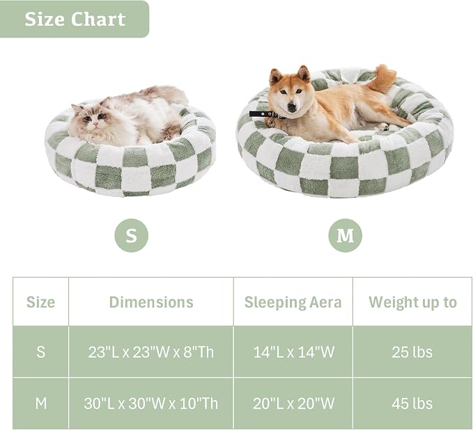Ohocut Checkered Dog Bed, Cute Sage Green Retro Style Aesthetic Round Warming Pet Calming Beds for Small Dog and Cats, Plush Cozy Donut Washable, 30" L x 30" W x 8" Th