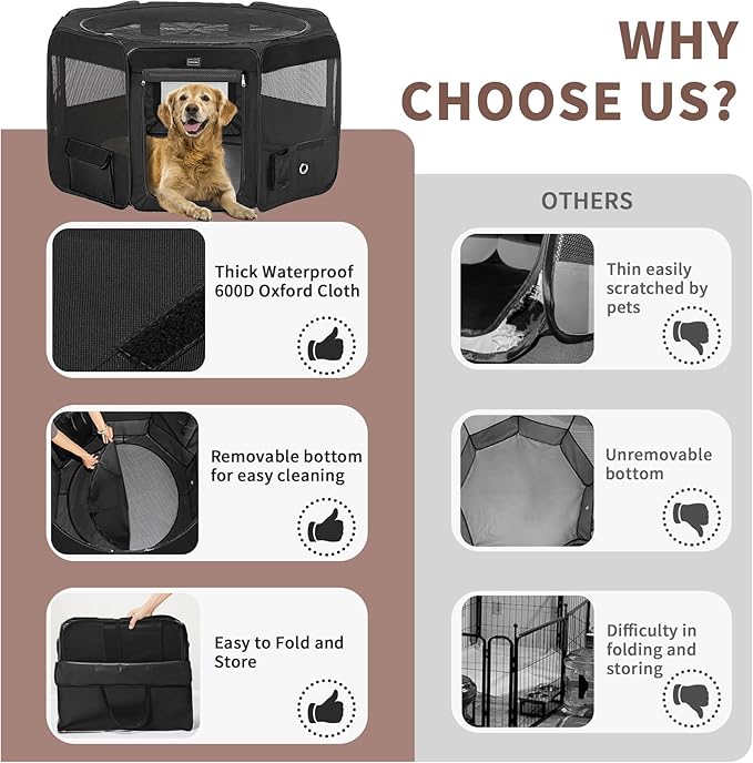 Dog Playpen Portable Pet Play Pens for Small Dog/Cat/Rabbit/Chicks, Cat Playpen Indoor/Outdoor with Carring Case, Removable Zipper Top and Bottom (Black, Large (46"x46"x23"), 8)