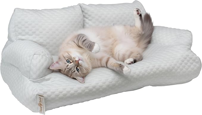 Paws & Purrs Cooling Pet Sofa Bed for Small Dogs or Cats, Breathable Fabric, Supportive Bolsters, Removable Washable Cover, Non-Slip Base, Sofa Pet Lounger Includes Mini Play Cushion, Light Gray