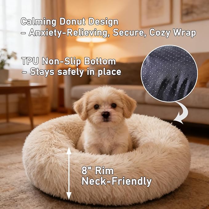 Calming Donut Dog Beds Large Sized Dog - Washable Removable Cover Non-Slip, Round Pet Bed Warming Fluffy Plush Faux Fur Anti-Anxiety Thick Cushion, Fits up to 80 lbs (Beige, 36")