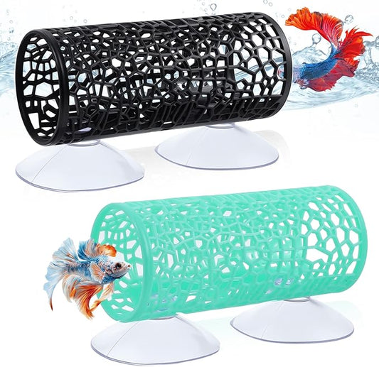 2Pcs Little Fish Swimming Tunnel, Safe Aquarium Decoration Betta Fish Tank Accessories with Suction Cups Hidden Decor Habitat Toys for Small Fish Shrimp Reptile Guppies