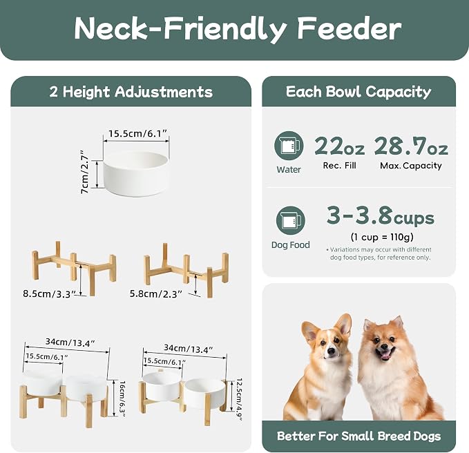 Havniva Dog Bowls Elevated, Ceramic Dog Food and Water Bowl Set | 6.1” Raised Dog Food Bowl, Elevated Dog Bowls with Bamboo Stand, Non-Slip Dog Water Bowl for Small Dog, Large Capacity