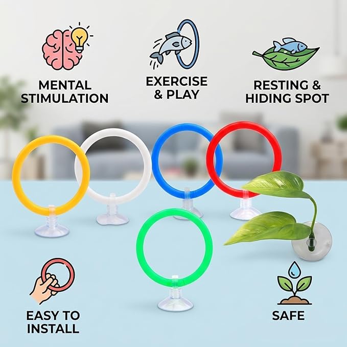 Betta Fish Tank Accessories and Toys, 7 Piece Betta Enrichment Set with Exercise Rings and Plants, Mental Stimulation and Stress Reduction for Betta Fish, Betta Toys