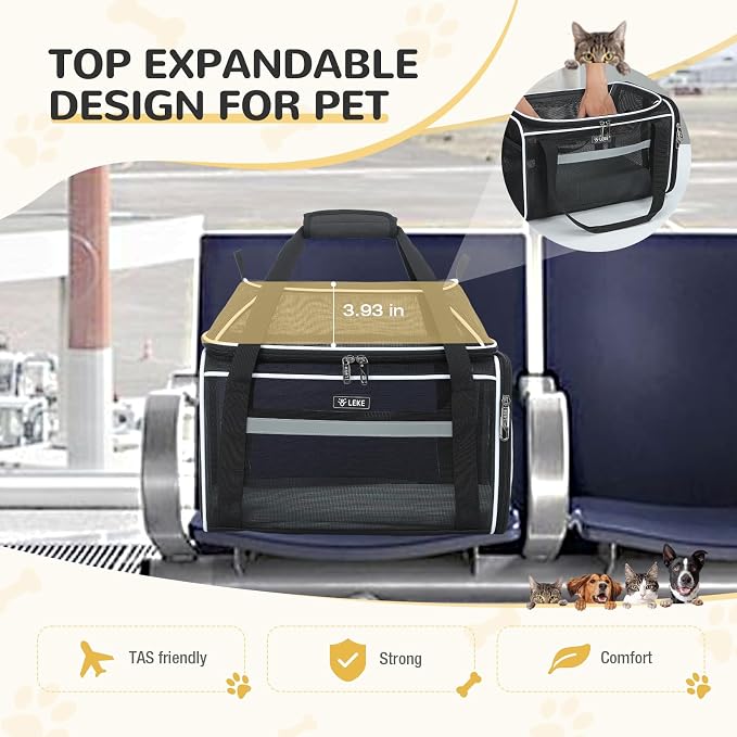 Lekereise Top-Expandable Pet Carrier Full Mesh 17x11x9.5 Inch Airline Approved Soft Sided Underseat Travel Carriers for Small Cats and Dogs with Locking Safety Zippers
