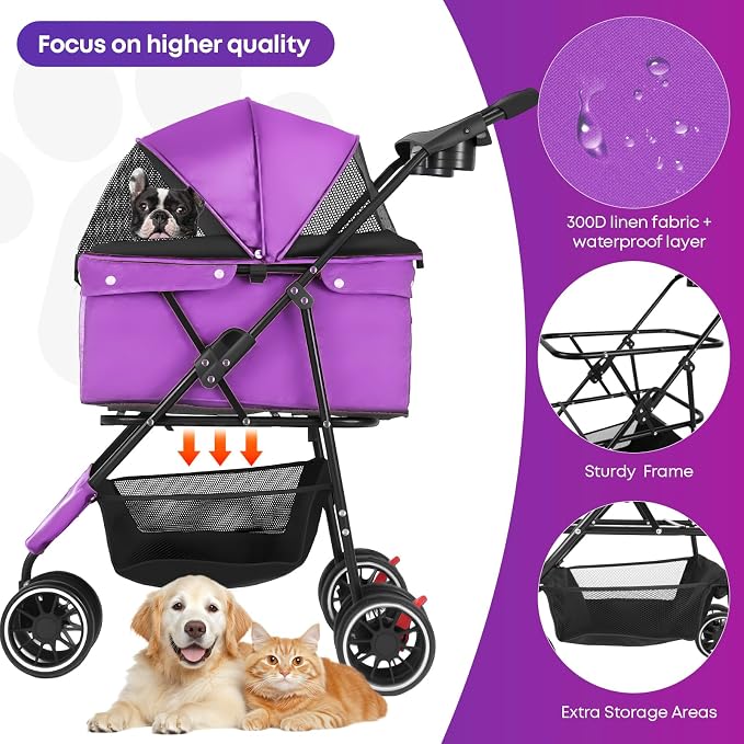 Pet Stroller,Dog Stroller for Small Medium Dogs Cats,3 Wheels,Purple | Foldable,with Breathable Mesh Canopy,Cup Holders,Easy Assembly