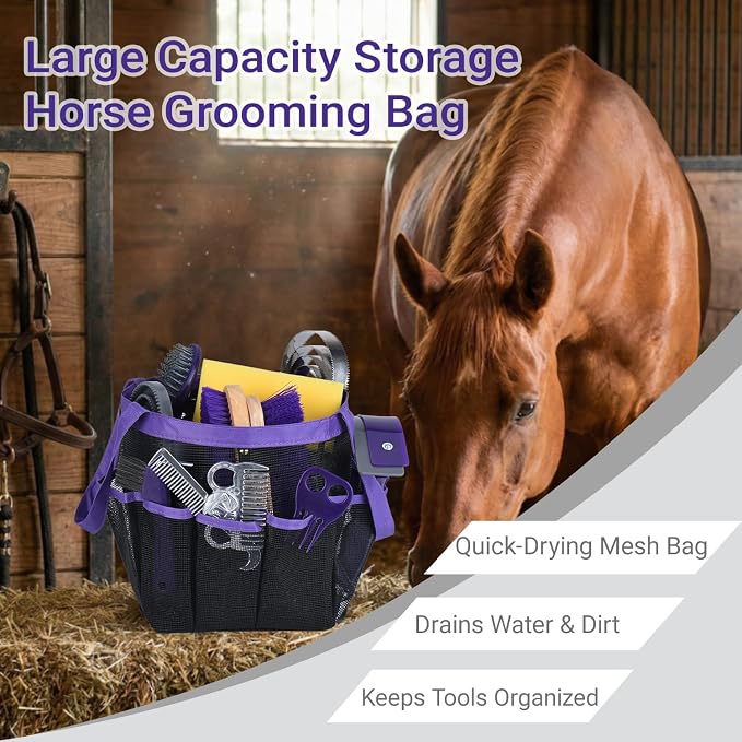 13 Piece Horse Grooming Kit, Complete Horse Brush Set & Curry Comb, Horse Brushes for Grooming with Tote Bag, Tack Room Supplies for Effective Bathing Massaging, Gift for Horses Owners (Purple)