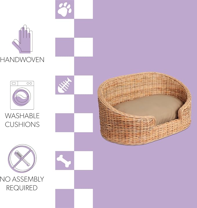 DBD1001B Curvy 33" x 21.25" Classic Handwoven Rattan Pet Bed with Machine-Washable Cushion, Light Brown