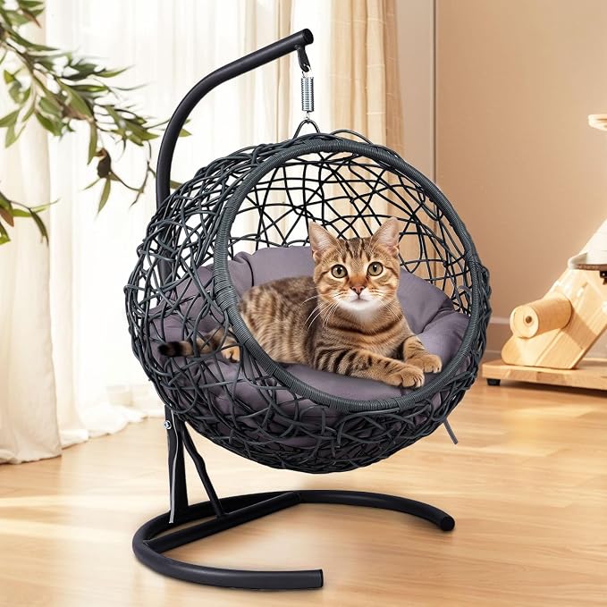 Anwick Cat Swing Bed with Stand & Cushion Indoor Outdoor, Egg Chair(Gray) | with Rattan Wicker Appearance, Indoor Hanging Swinging Hammocks for Cat, Dogs, and Small Animals Bedroom Porch
