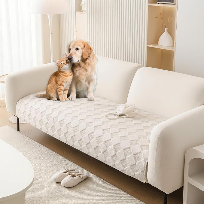 HANDONTIME Non-Slip Pet Couch Cover Washable, Plush Faux Fur Couch Protector for Cushion Pet-Friendly Sofa Covers for Dogs, Checkered Diamond Sectional Covers Dog Mat for Sofa (Ivory, 35.6" x 94.5")