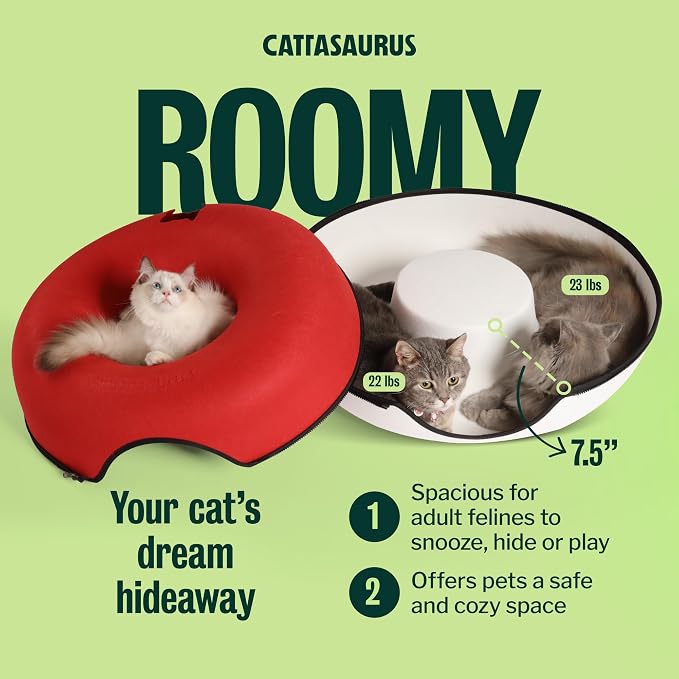 Peekaboo Cat Cave Donut for Multiple & Large Cats up to 30-45 lbs, 3-in-1 Self Warming Cat Bed, Tunnel & Scratcher for Indoor Cats, Washable & Detachable Dog Bed (Ruby Snowball, Large)