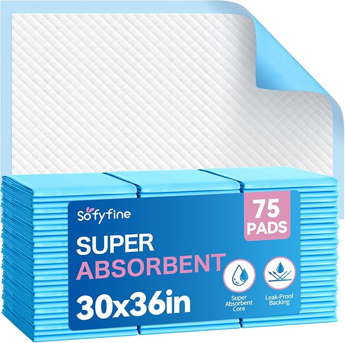 SOFYFINE Bed Pads 30"x36" Thicken Elderly Adults Incontinence Underpads Disposable, Absorbent Chucks Waterproof,XL Extra Large Puppy Pee Training Pad[75 Pads]