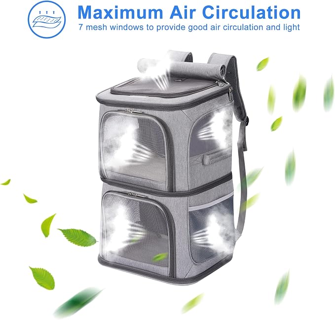 2-in-1 Double Pet Carrier Backpack for Small Cats & Dogs, Grey | Portable Pet Travel Carrier with Super Ventilated Design, Ideal for Hiking, Camping and Outdoor Adventures