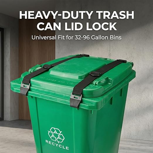 4PCS Bear Proof Trash Can Locks with Double Metal Claw - Adjustable Strap Garbage Can Locks for 28-96 Gallon Outdoor Bins, Animal Proof Against Raccoons