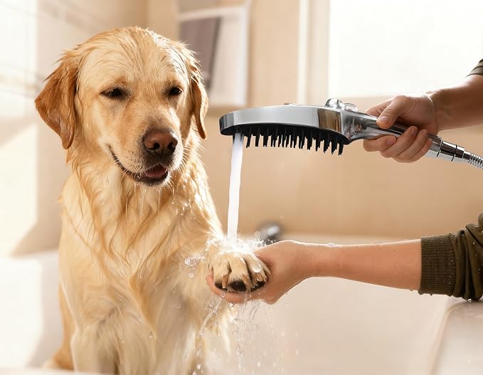 G-Promise 3 Mode Dog Shower Attachment with Pause Mode | High Pressure, Built-In Brush for Wash & Groom, Extra Long Hose, for Indoor & Outdoor Use