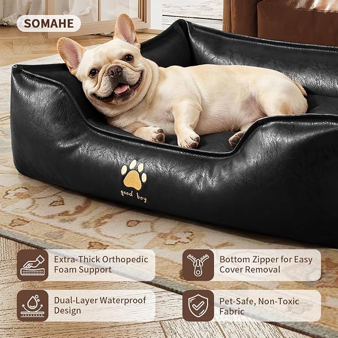 SOMAHE Waterproof Leather Dog Bed, Bolster Couch, 24x19x9 Black | Wipe-Clean Waterproof Leather + Removable Cushion: raised bolsters create a cozy bed for small-medium dogs.