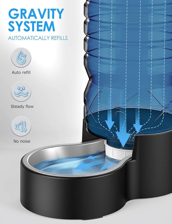 Heouvo 1.7 Gallon Automatic Dog Water Dispenser (6.5L-Black) | Wide Mouth, Easy Clean/ Removable Stainless Steel Bowl/ Gravity Refilling, Large Capacity for Cats and Small Medinum Dogs