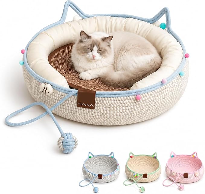 Handwoven Cotton Rope Cat Basket Bed with Hanging Ball Toy (Blue, Large) | cat bed, woven cat basket, kitten bed, small dog bed, cat toy ball, all season pet bed, washable cat cushion