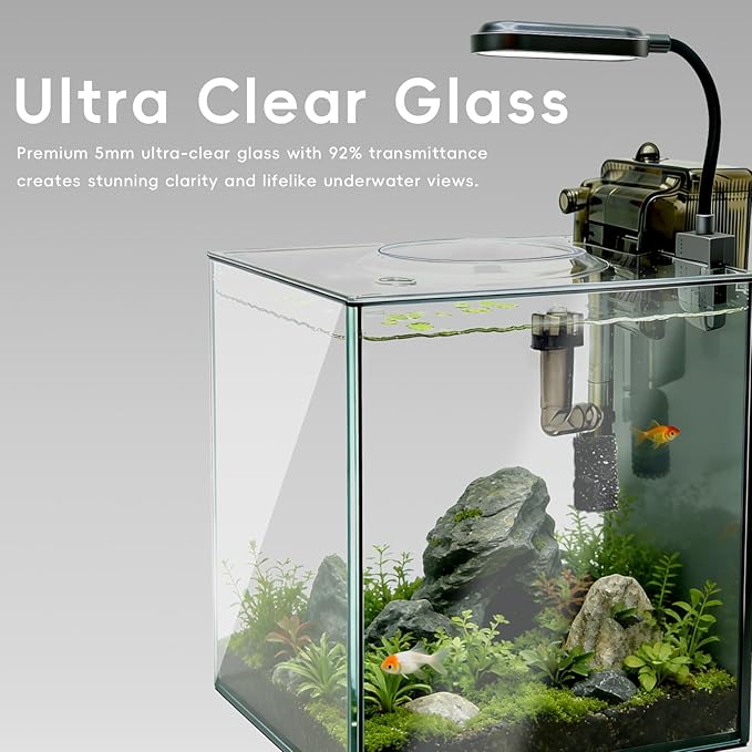2.1 Gallon Nano Aquarium Kit with Lid, Space Saving Hang-On Filter and LED Light, Ultra-Clear Rimless Glass Desktop Fish Tank for Small Fish, Shrimp, and Betta