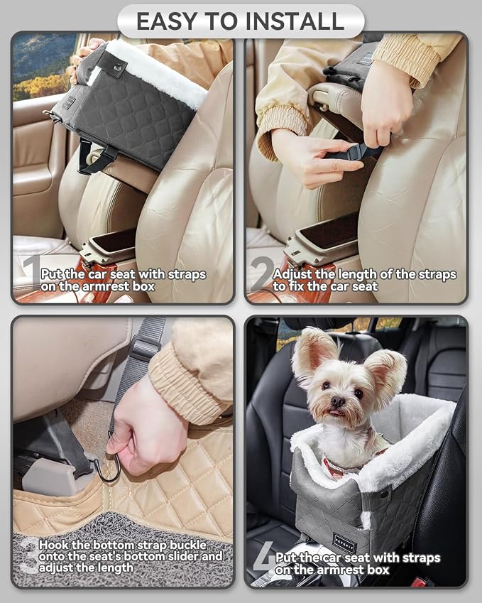 PETSFIT Center Console Dog Car Seat with Adjustable Seat-Rail Anchor Hooks | Anti-Collapse Armrest Booster Car Seat with Safety Tether, Washable Cushion, Soft Pillow for Pets Under 8 lbs, Grey
