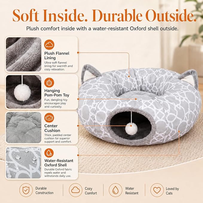 Geometric Cat Tunnel Bed Under Christmas Tree Oxford Outside with Plush Inside,Cats Toys Collapsible Tunnel Tube with Balls, for Rabbits, Kittens, Ferrets,Puppy 3FT