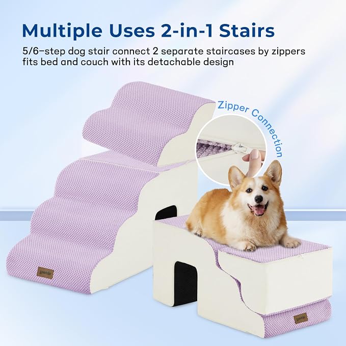 ZOMISIA Dog Ramp for High Beds with Tunnel, 29" H 6 Steps for Large Dog | Tunnel 2 in 1 with Zippers, Suitable for Short-Legged Dogs Get on Bed, Non-Slip Durable Dog Steps with High-Density Foam