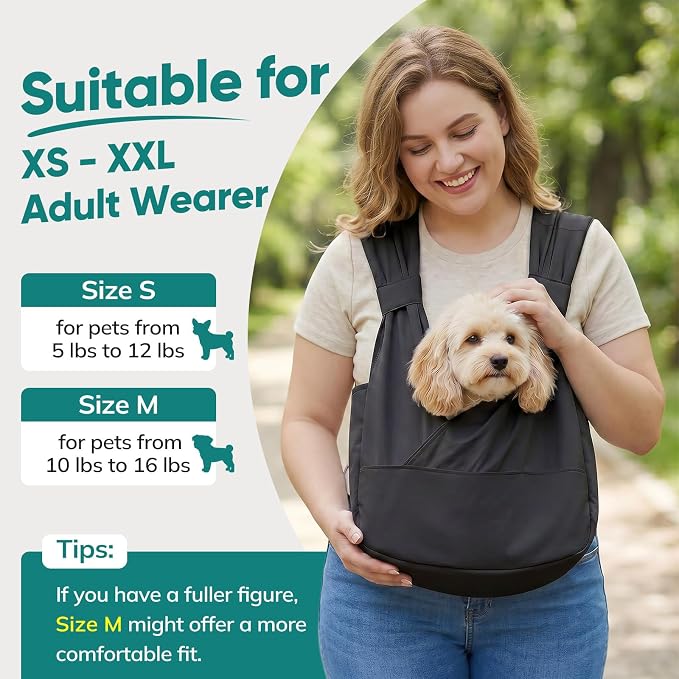 Dog Sling Carrier Front with Thicken Bottom Support for Small Dogs 5-12 lb | Adjustable, Hands Free, Comfortable Wearable, Lightweight, Vet Visits, Anxiety, Travel, Hiking, Safety Clip Black