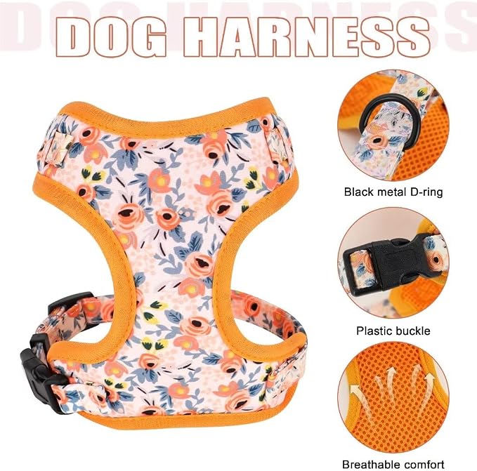Beirui Cute Dog Collars,Harnesses,Leashes Set, Floral Pattern, Orange,XXS | Girl Dog Harness Set with Flower, Adjustable and Soft Mesh Lining, For Puppies Small & Extra Small Dogs Daily Walks