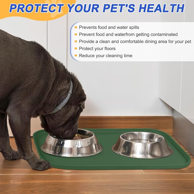 SMILOOL Waterproof Silicone Pet Food Mat with Raised Edge for Dog & Cat | 24" x 16" Non-Slip Pet Feeding Mats with Lip for Food & Water Bowl, Food Grade, Easy Cleaning, Dark Olive