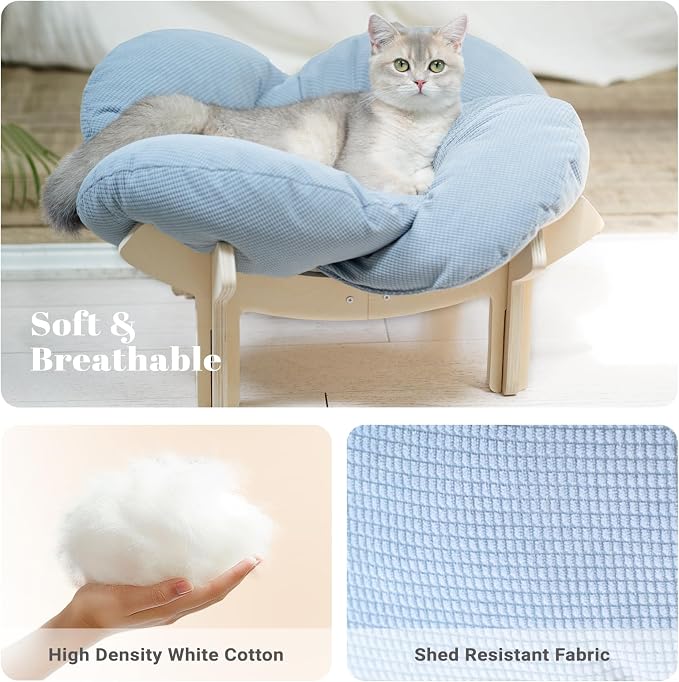 Elevated Cat Bed for Indoor Cats Couch Sofa Flower | Pet Beds with Washable Cushion, Stable Wooden Frame, Raised Cat Hammock & Furniture for Kitty & Puppy All-Season(Light Blue)