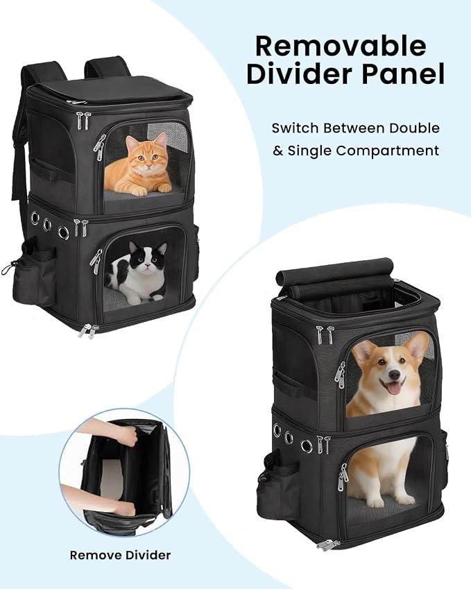 HOVONO Double Cat Carrier Backpack for 2 Cats or Small Dogs,Large Space | 2-in-1 Dual Compartment Pet Backpack Carrier up to 18 lbs, Ventilated Design for Traveling/Hiking /Camping/Vet Visits, Black