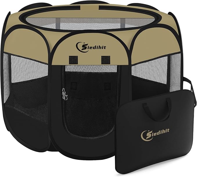 Siedihit Dog Cat Playpen, Medium Puppy Pet Playpen, Dog Crate Tent Cage | Indoor/Outdoor, Portable Pop Up Dogs Kennel Playpen with Carrying Case for Dogs/Cats/Rabbits(Black Khaki, Medium)