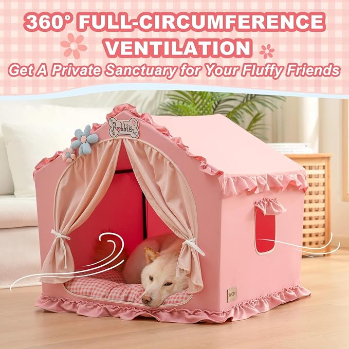Indoor Dog House with Frame,Cute Dog Tent Bed with Cover Cave,Pink | Breathable,Washable,and Foldable House, Suitable for 22-40 Lb, Large (25"×25"×25"),Inside Dog House