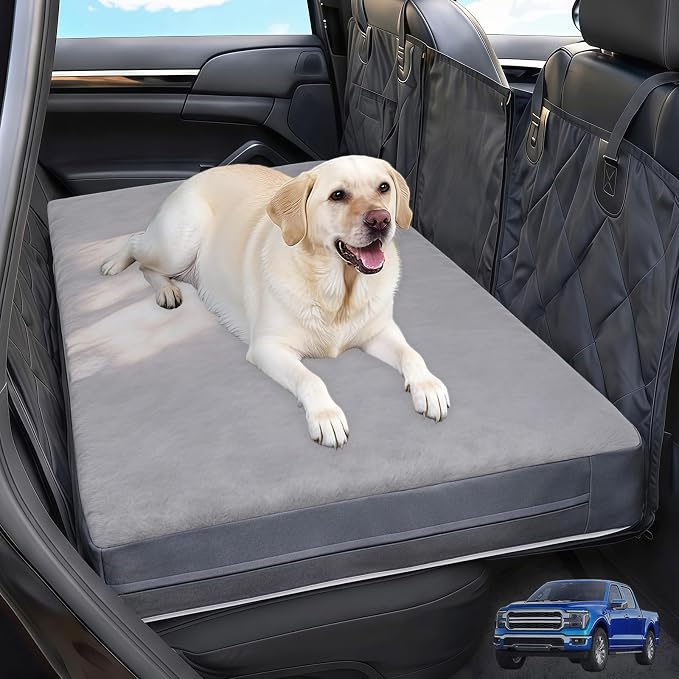 Backseat Dog Bed, Dog Bed for Car Back Seat, 4in Orthopedic Egg Crate Foam Pet Bed with Reversible Plush & Faux Leather for Backseat Extender – Waterproof, Stable Fit, Washable (55"x26.5", Gray)