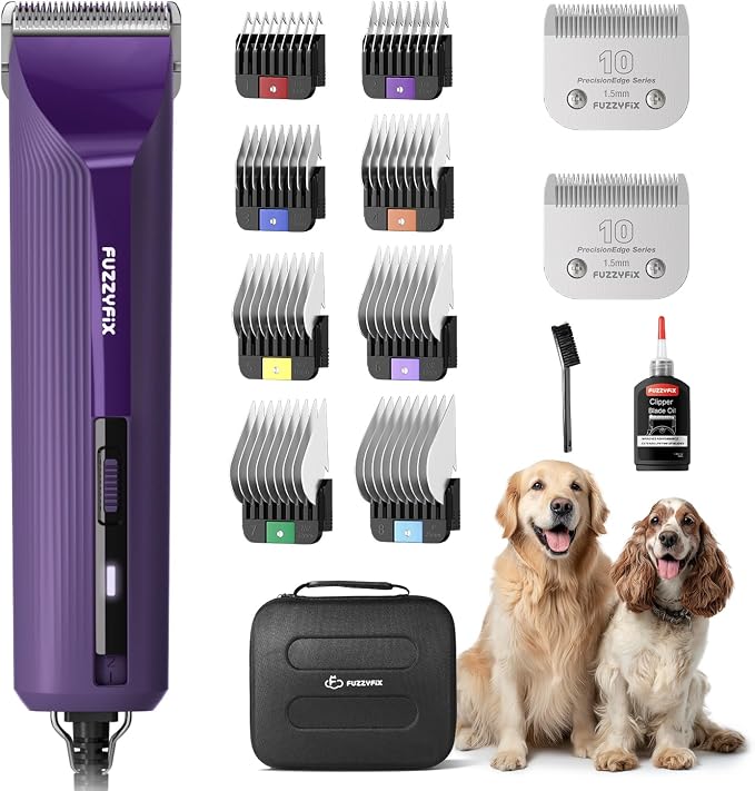 AmpFix Professional Dog/Pet Grooming Clippers 2-Speed Heavy-Duty | 2 Detachable Blade 8 Metal Combs, 10ft Cord, Runs Cool & Quiet, Anti-Slip Shatter-Proof Housing for All Animal Coats