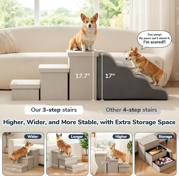 3-Step Wide Dog Stairs with Hidden Storage 18" H, Non-Slip Dog Steps for High Bed Couch Window Car, Jiont-Friendly Pet Stairs Ramp for Small/Medium/Large Old Dogs Cats Up to 220lbs, Beige