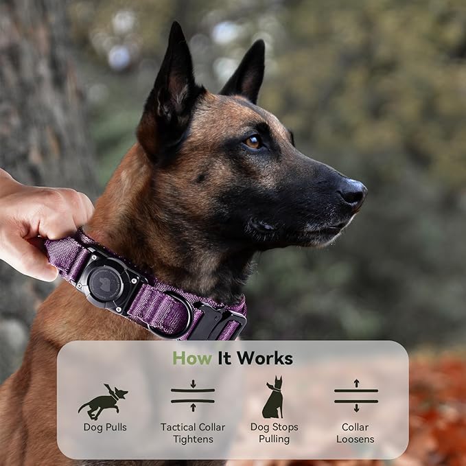2026 Upgrade Waterproof AirTag Dog Collar, Military Tactical Dog Collar with AirTag Holder, Comfortable Control Handle and Metal Buckle, GPS Dog Collar Holder for Medium to Large Dogs (Purple, L)