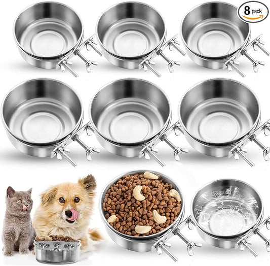Zubebe 8 Pcs Stainless Steel Hanging Dog Crate Bowls, Non-Spill Kennel Food Water Bowls with Screw Clamp Attach Holders, Removable Mountable Metal Cage Feeder for Pet(41 Oz,19 oz)