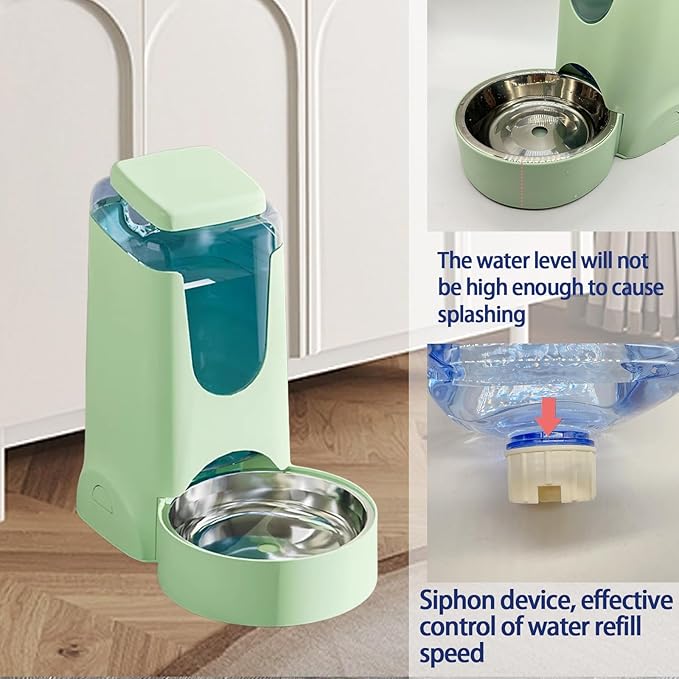Distributeur automatique de nourriture et d'eau pour animaux de compagnie, capacité 2,8 L (nourriture) et 4 L (eau), avec bol en acier inoxydable pour chiens et chats de petite, moyenne et grande taille (vert clair)